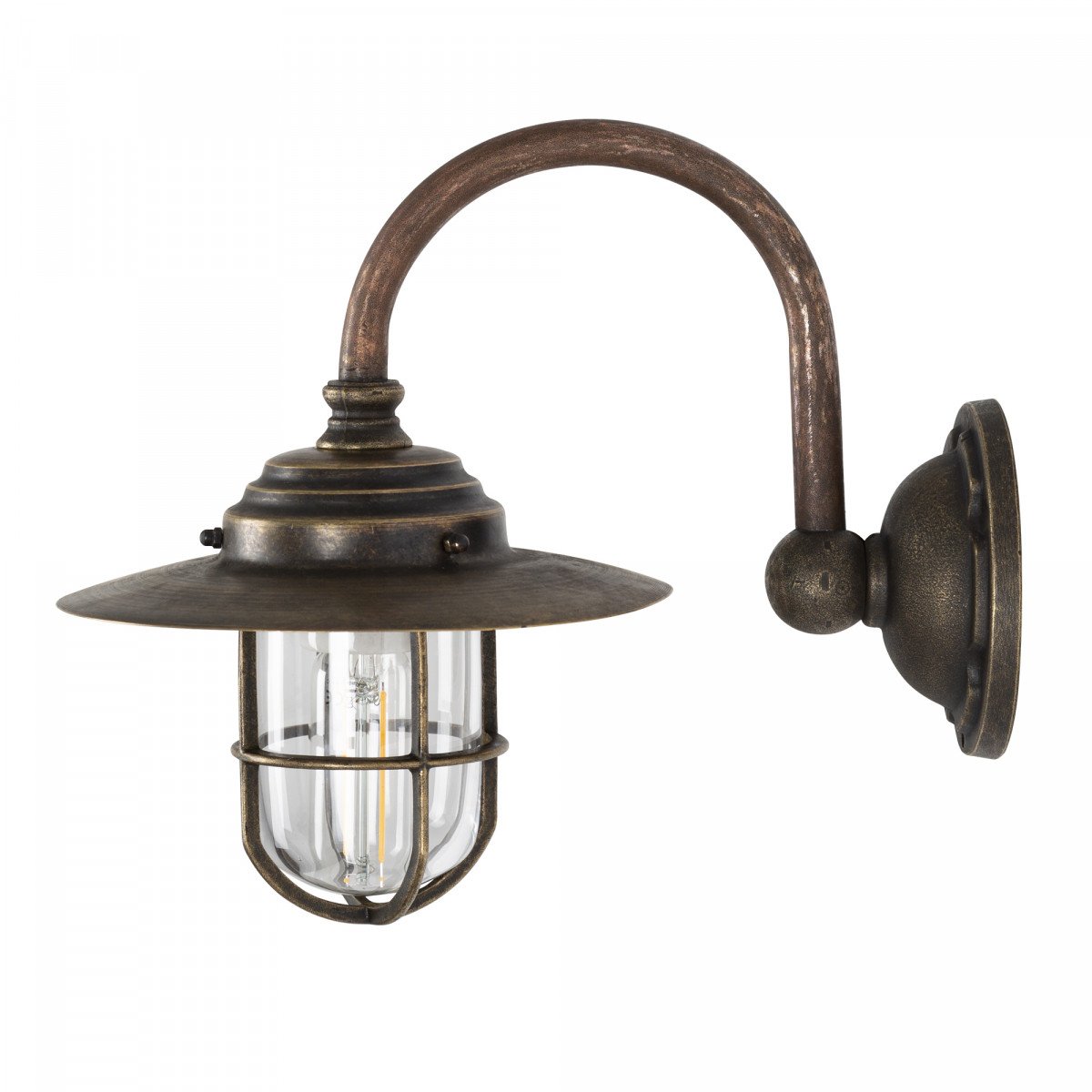 Klassieke wandlamp Barro met bronzen muurplaat, koperen kap, boogarm, raster rond helder stolpglas, duurzame verlichting
