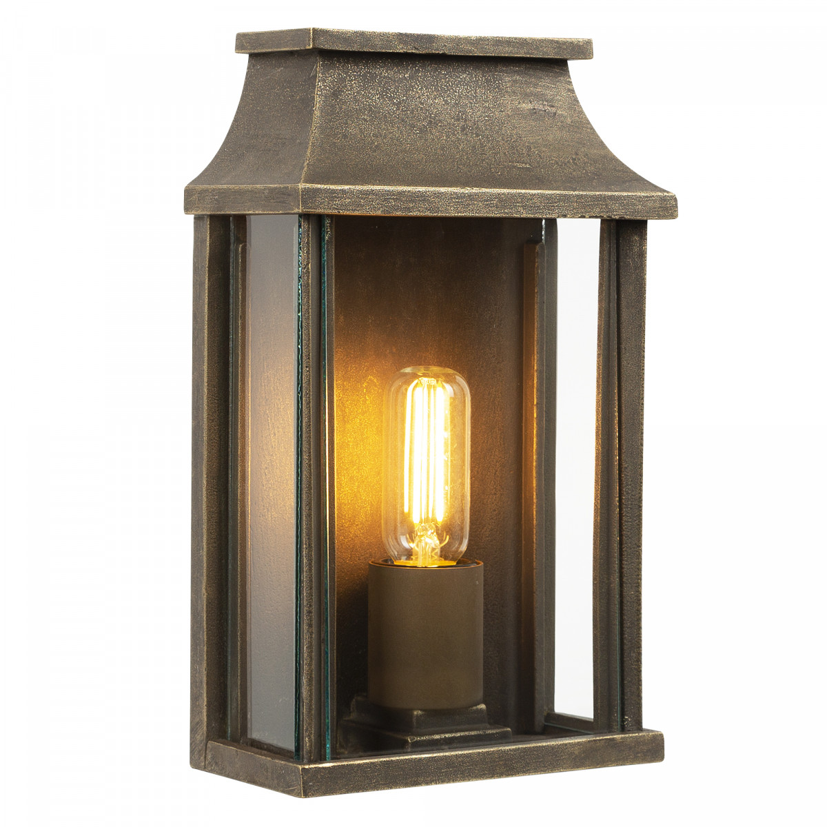 Buitenlamp Goteborg massief brons stijlvol karakteristiek design, een wandlamp met een vlakke achterzijde en heldere beglazing, voorzien van e27 fitting geschikt voor led lichtbronnen, echte KS kwaliteitsverlichting