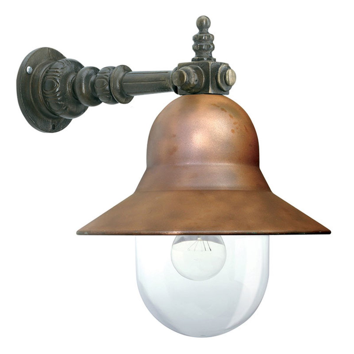 Buitenlamp Bretagne wandmodel met bronzen arm, koperen kap en heldere kunststof stolp – klassieke KS buitenverlichting