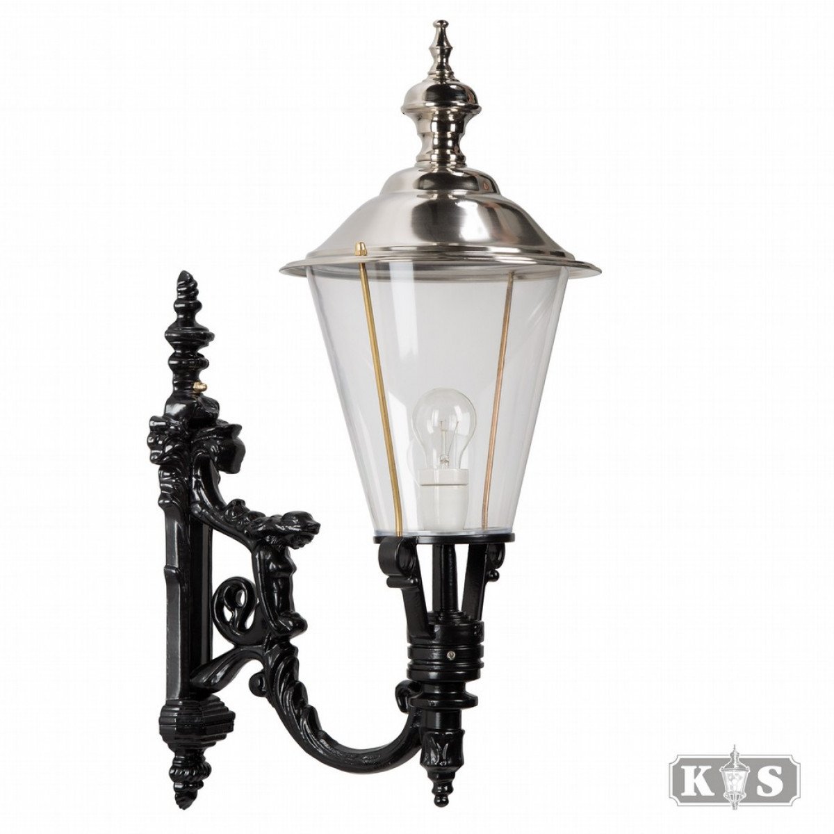 Muurlamp Odense L met verchroomde deksel, zwarte wandarm en helder glas