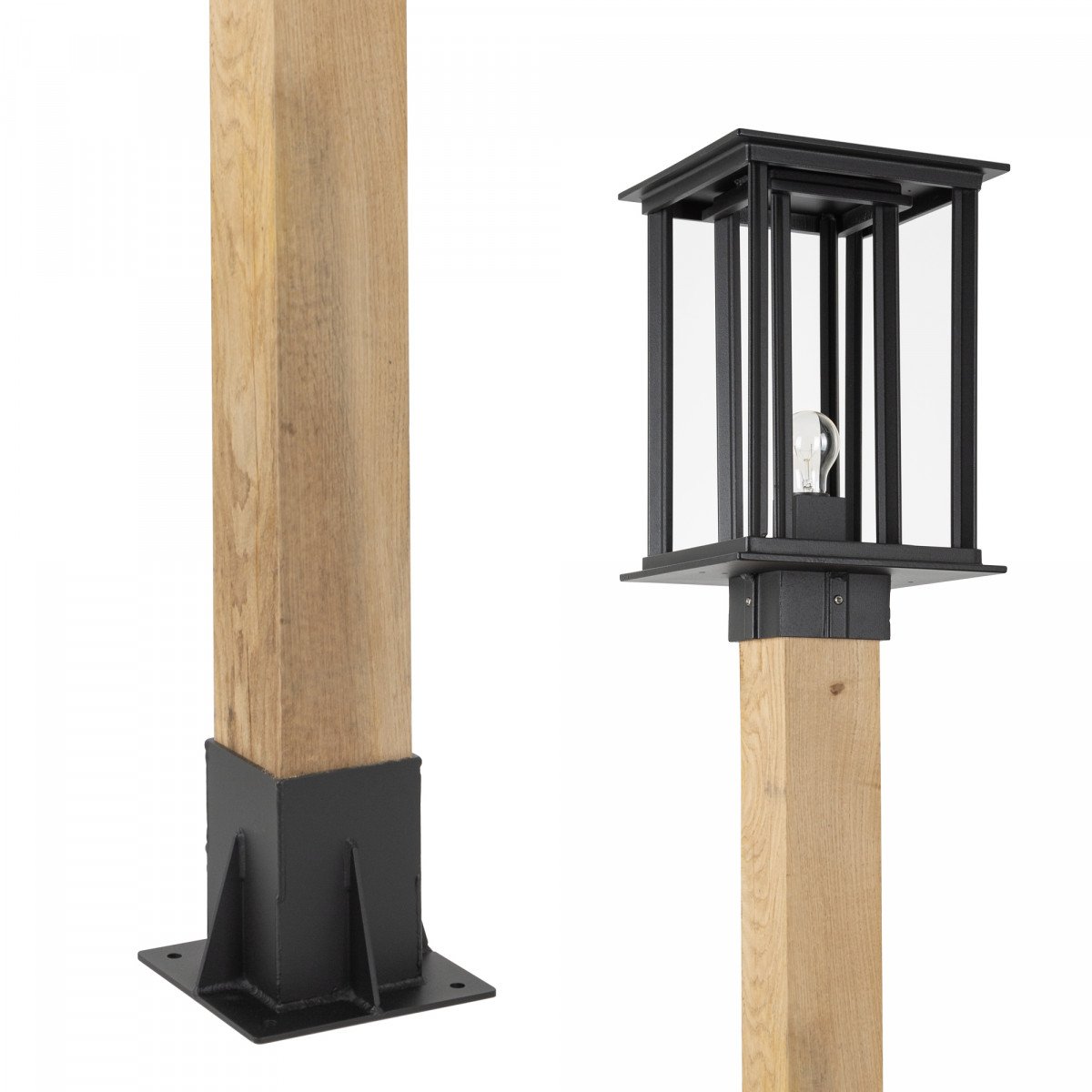 Strakke en moderne buitenlamp New York WOOD Lantaarn tuinlamp vierkant in de kleur zwart