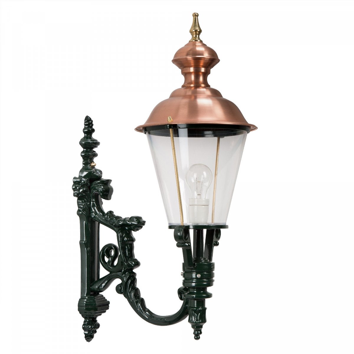 Muurlamp Royal L met koperen deksel, decoratieve wandarm en helder kunststof glas