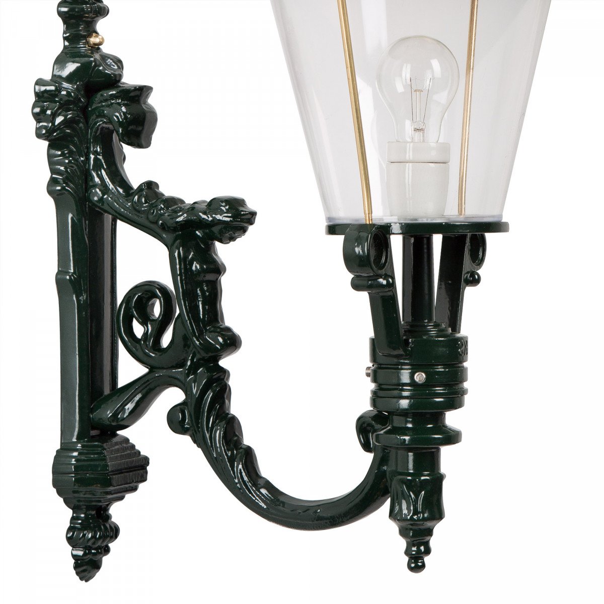 Muurlamp Royal L met koperen deksel, decoratieve wandarm en helder kunststof glas