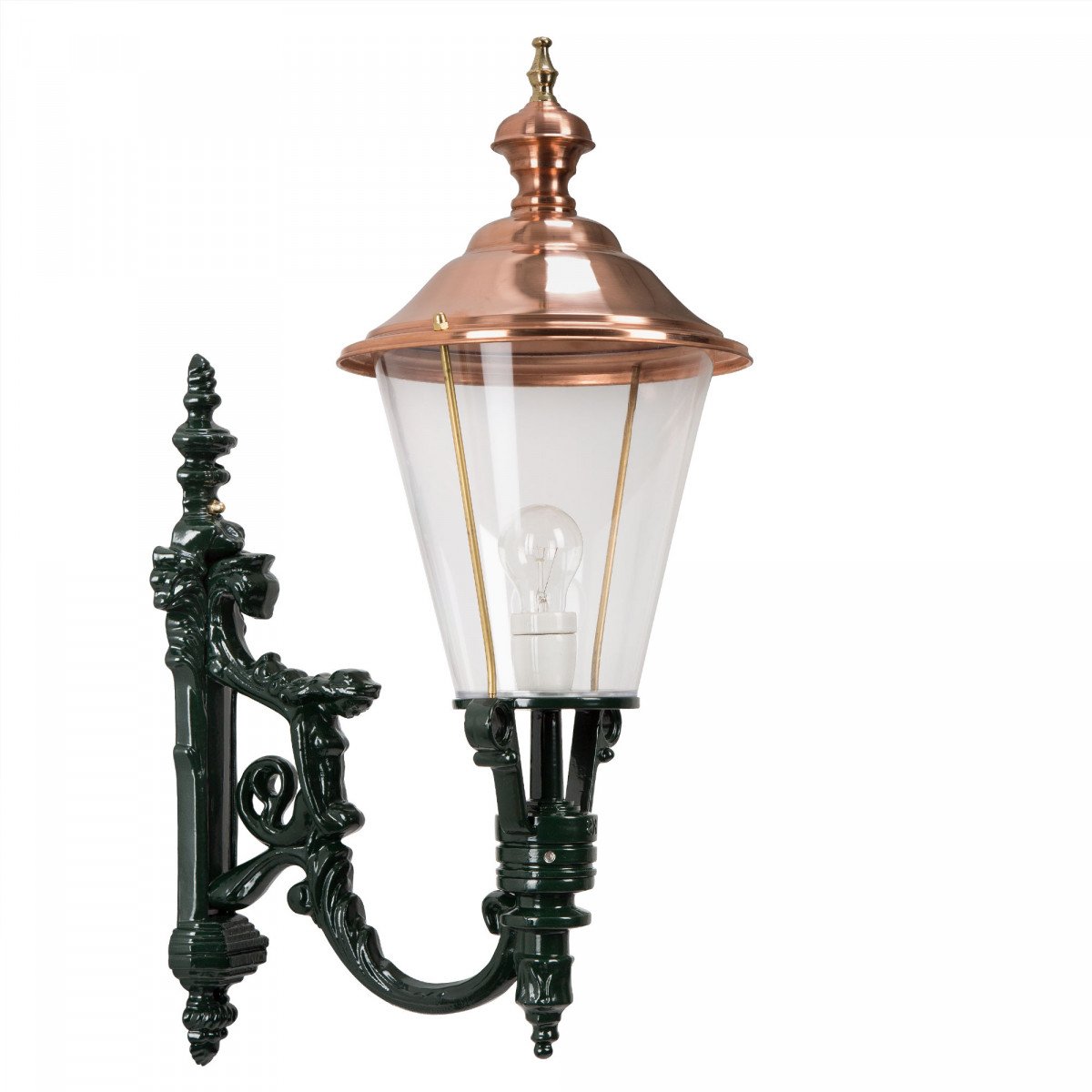 Muurlamp Odense L met koperen deksel, zwarte wandarm en helder kunststof glas