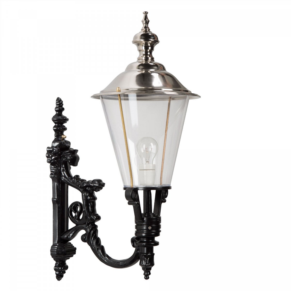 Muurlamp Odense L met koperen deksel, zwarte wandarm en helder kunststof glas