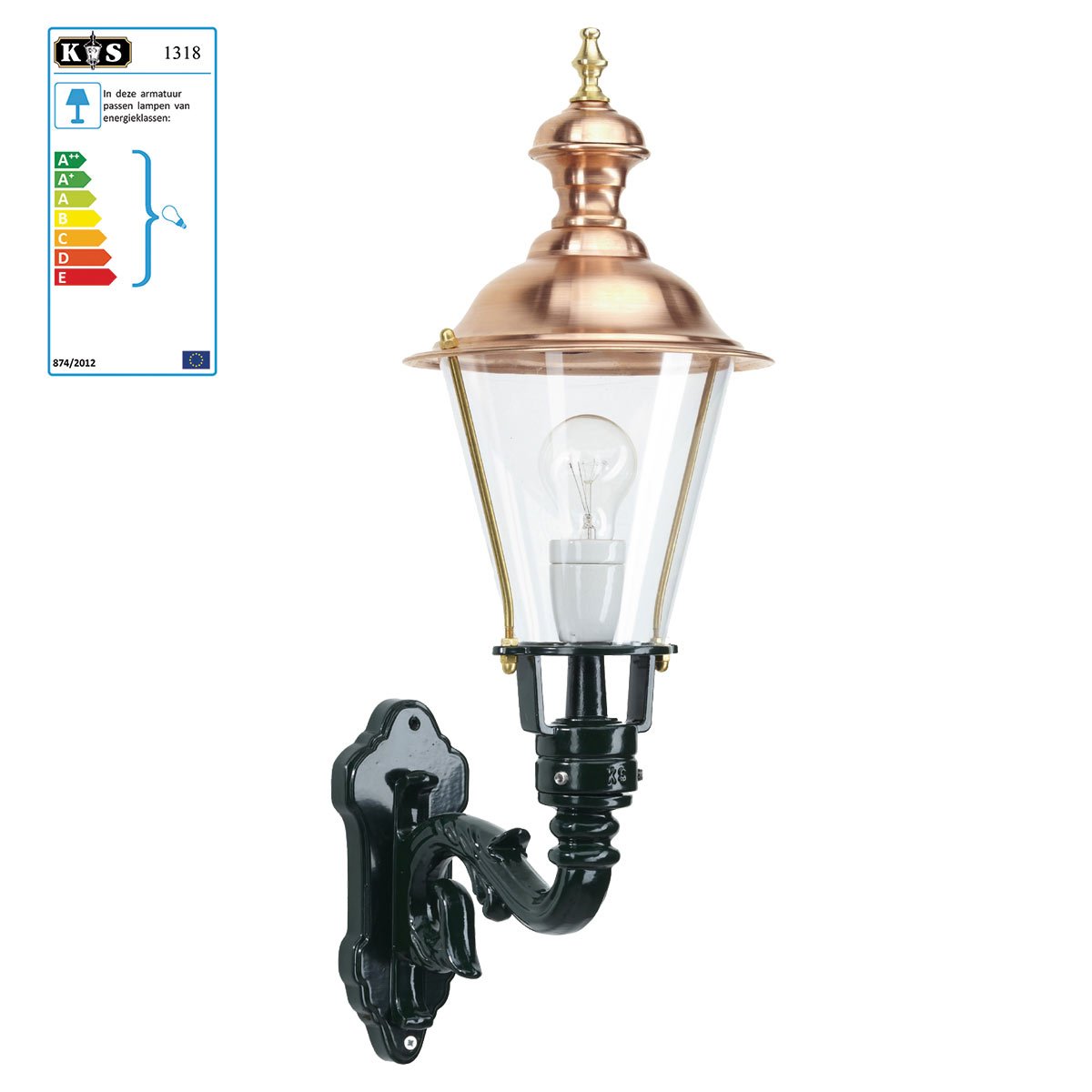 Muurlamp Den Burg L met koperen deksel, zwarte wandsteun en heldere kap Muurlamp Den Burg L met koperen deksel, zwarte wandsteun en heldere kap