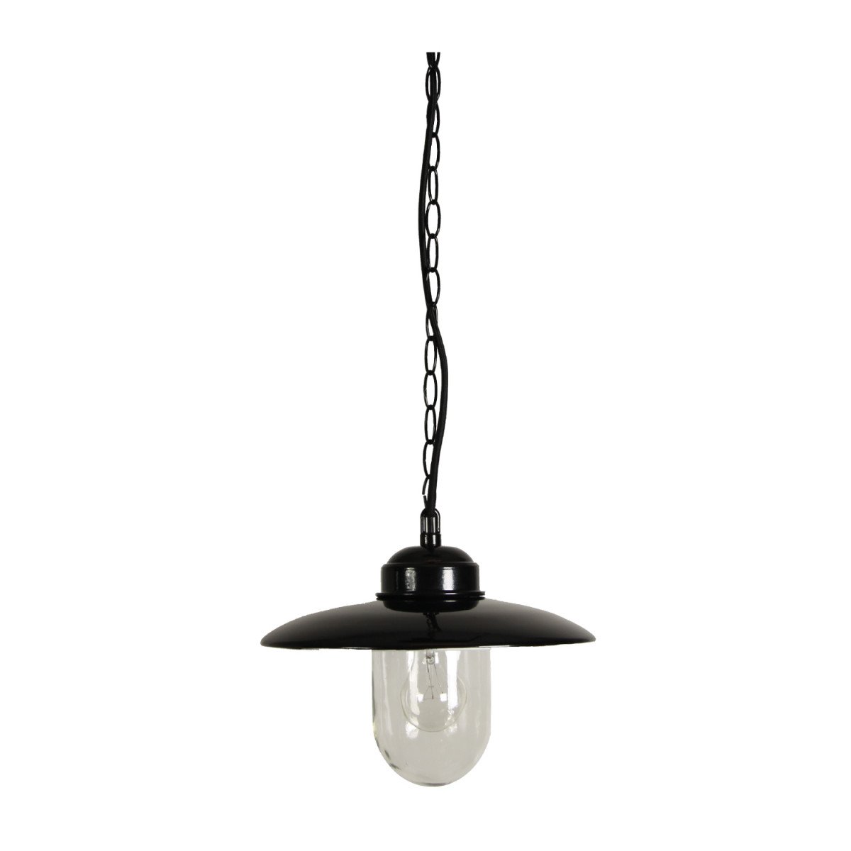 Zwarte Solingen kettinglamp met aluminium kap en glazen stolp – veranda hanglamp retrostijl