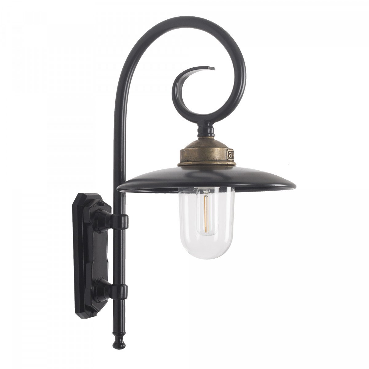Buitenlamp Orly met sierlijke krularm, zwarte aluminium kap, bronzen flens en glazen stolp,  Wandlamp in Franse stijl.