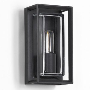 Eaton wandlamp zwart aluminium, buitenlamp met E27 fitting en borosilicaat glas voor moderne gevelverlichting. Eaton wandlamp zwart aluminium, buitenlamp met E27 fitting en borosilicaat glas voor moderne gevelverlichting.