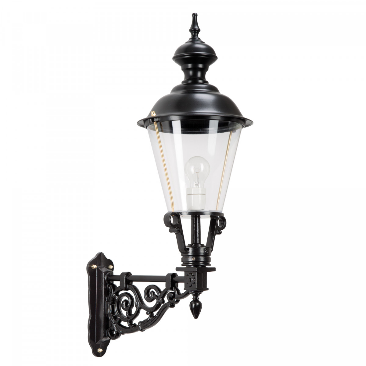 Buitenlamp Marken L met zwarte kap en sierlijke wandsteun, helder glas
