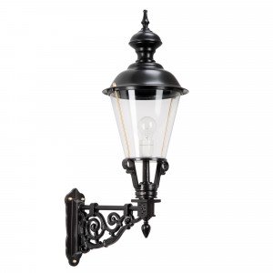 Buitenlamp Marken L met zwarte kap en sierlijke wandsteun, helder glas Buitenlamp Marken L met zwarte kap en sierlijke wandsteun, helder glas