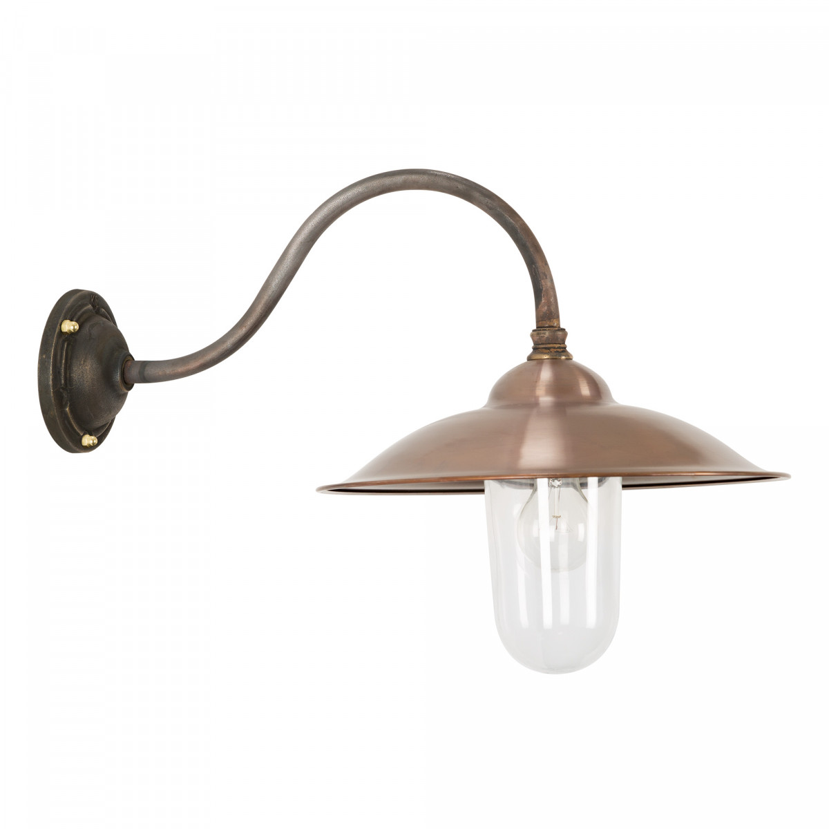 Vienna I stallamp met bronzen wandarm en koperen kap, klassieke buitenlamp met neerwaartse lichtval, helder glazen stolp