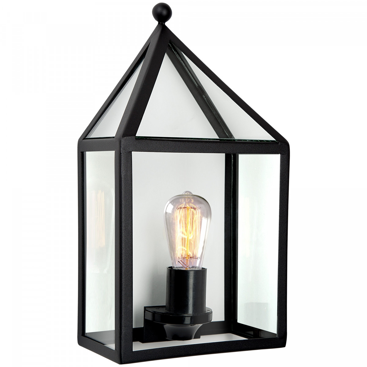 buitenwandlamp frame zwart met heldere beglazing, vormgeving van een huisje, gooise stijl wandverlichting voor buiten, e27 fitting zichtbaar in de buitenlamp