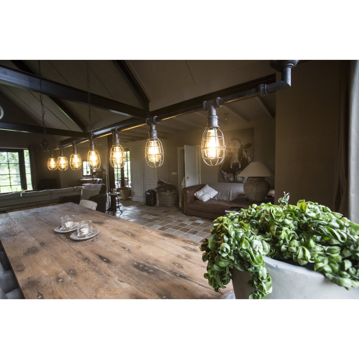 Industriële hanglamp Sandford antique brass 7-lights | Nostalux.nl